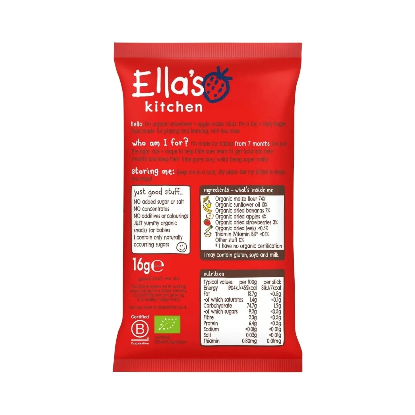 Ella's Kitchen Strawberry & Apple Melty Sticks Baby Snack 7+ months 16g