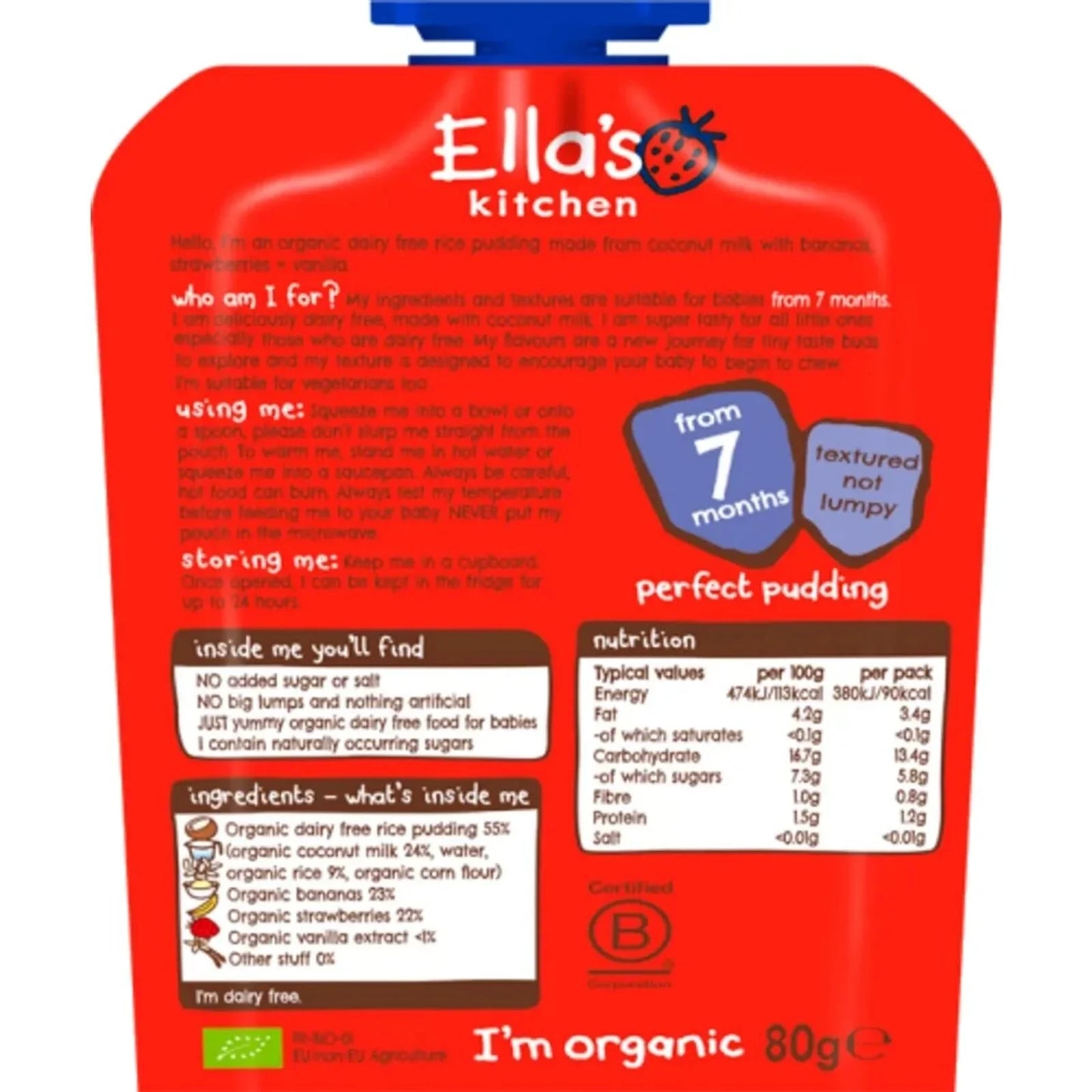 Ella's Kitchen Organic Dairy Free Rice Pudding with Bananas & Strawberries Baby Pouch 7+ months 80g