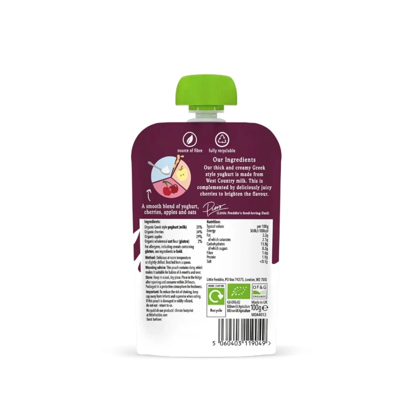 Little Freddie Organic Cherry Greek Style Yoghurt Baby Food Pouch 6+ months 100g