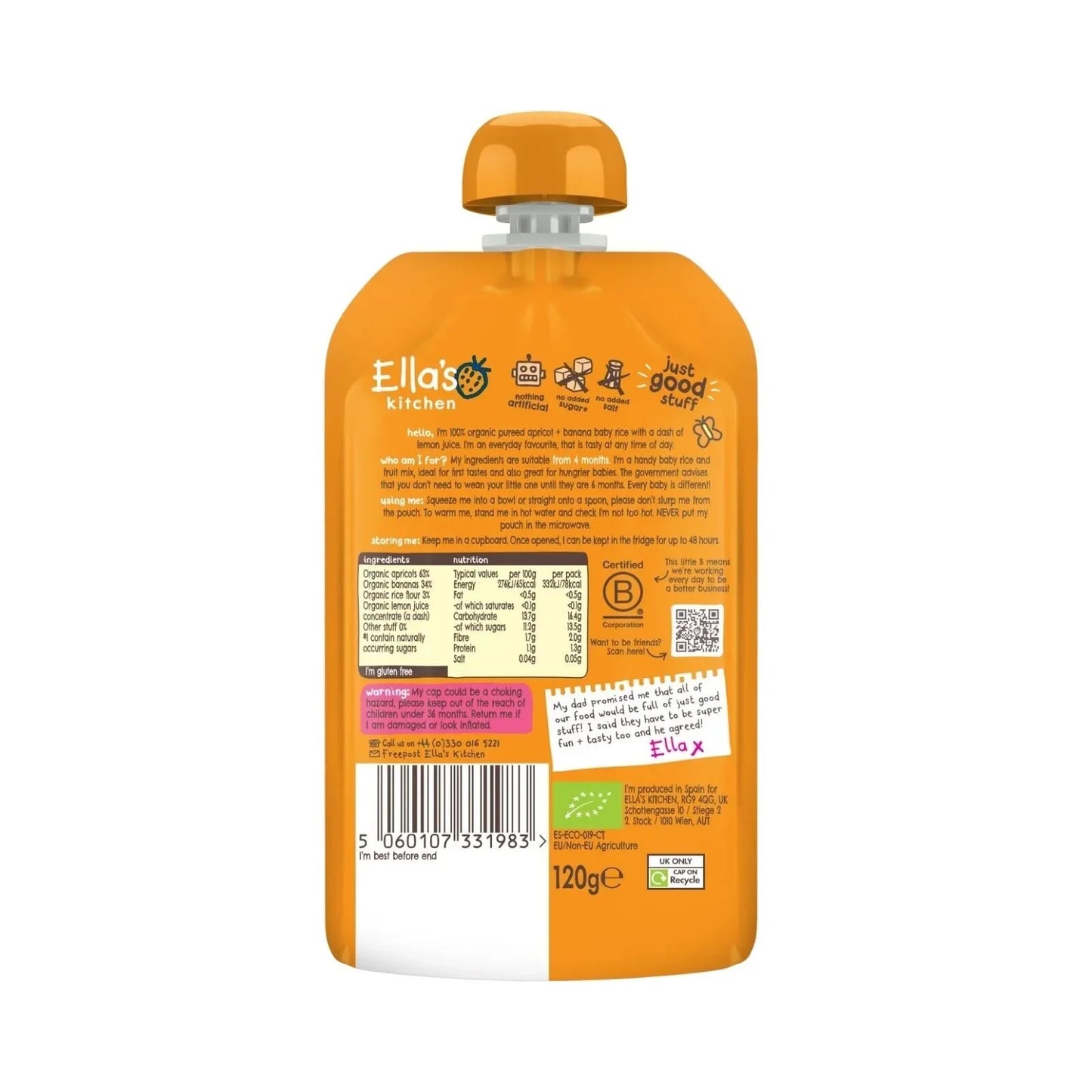 Ella's Kitchen Organic Apricot & Banana Baby Rice Baby Food Pouch 4+ months 120g