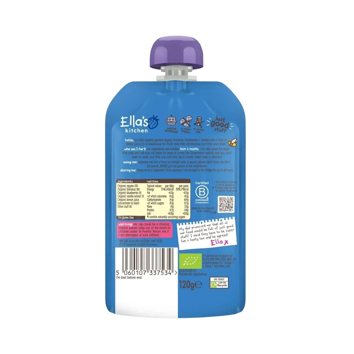 Ella's Kitchen Organic Blueberries Apples Bananas & Vanilla Baby Food Pouch 4+ months 120g