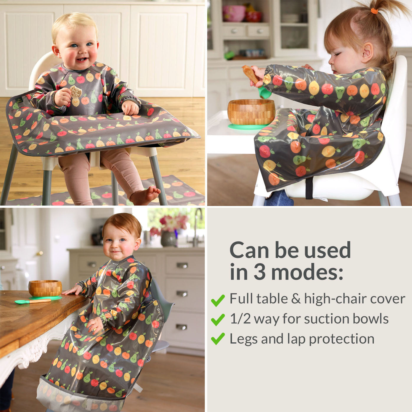 Wipeezee Coverall Bib - Grey Happy Fruit