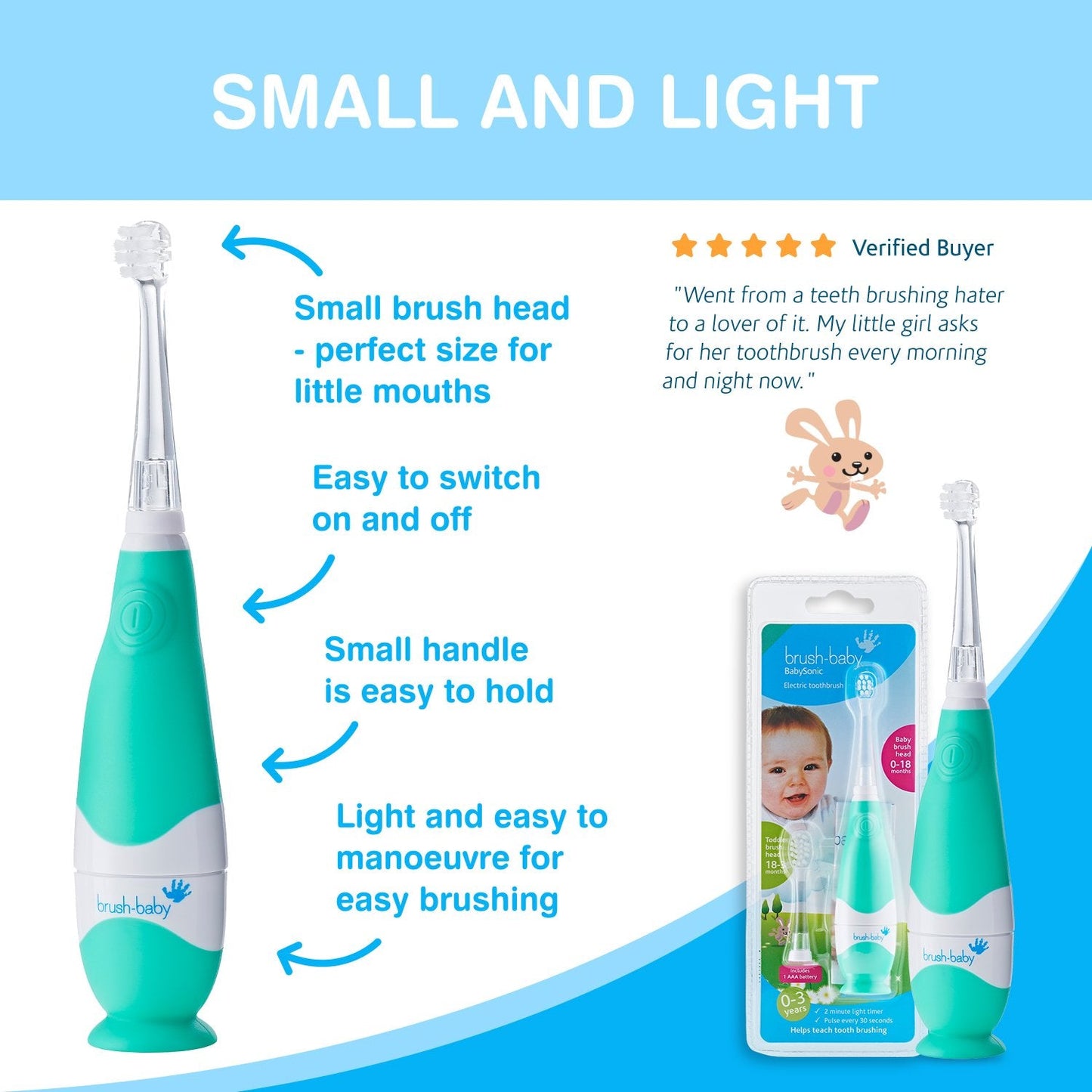 Brush Baby Babysonic Electric Toothbrush (0-3 Years) - Available in Teal/Pink/Blue - Little Lug