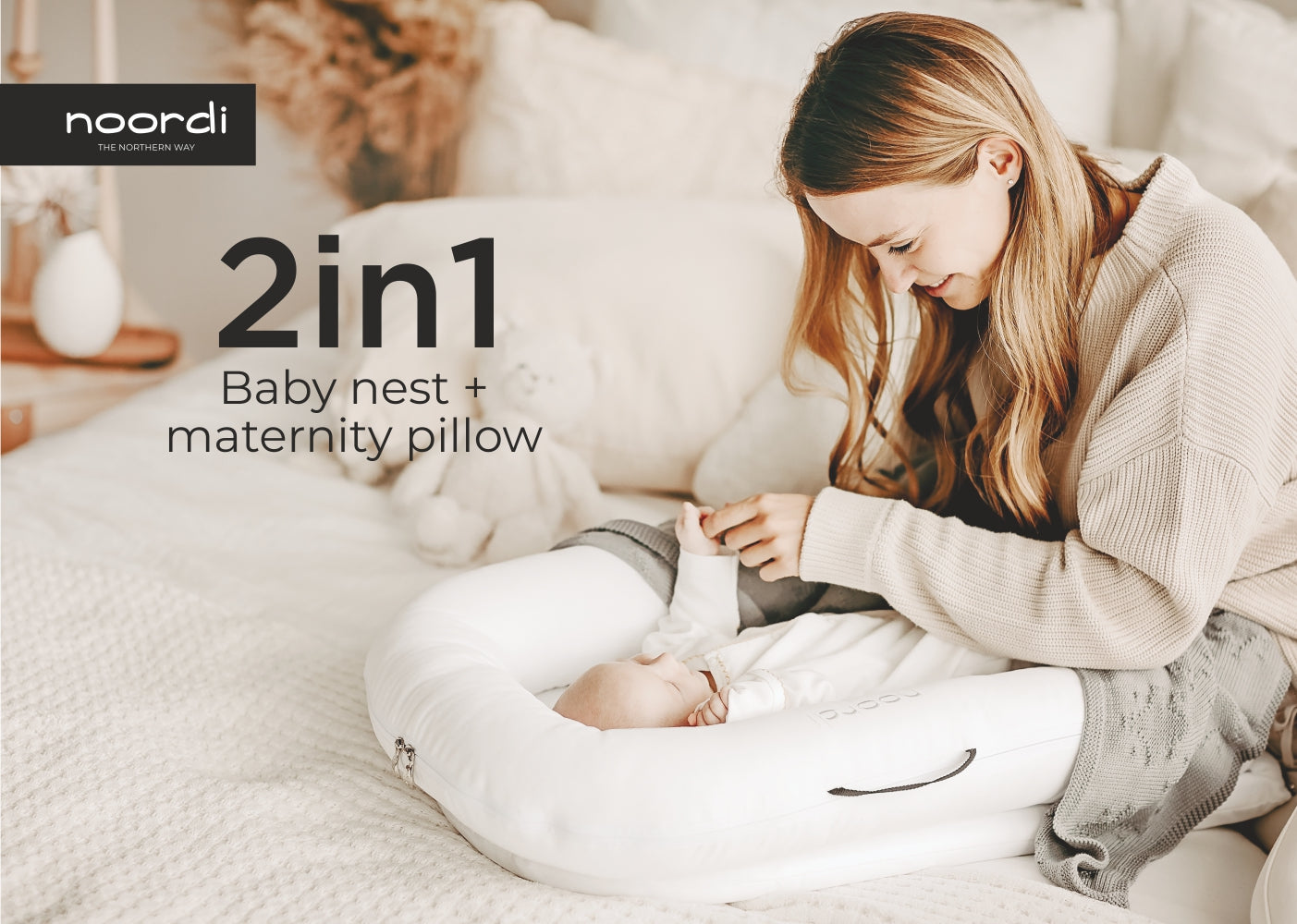 Noordi 2in1 Deluxe Baby Nest & Maternity Pillow with Silver-Ion Cotton, White