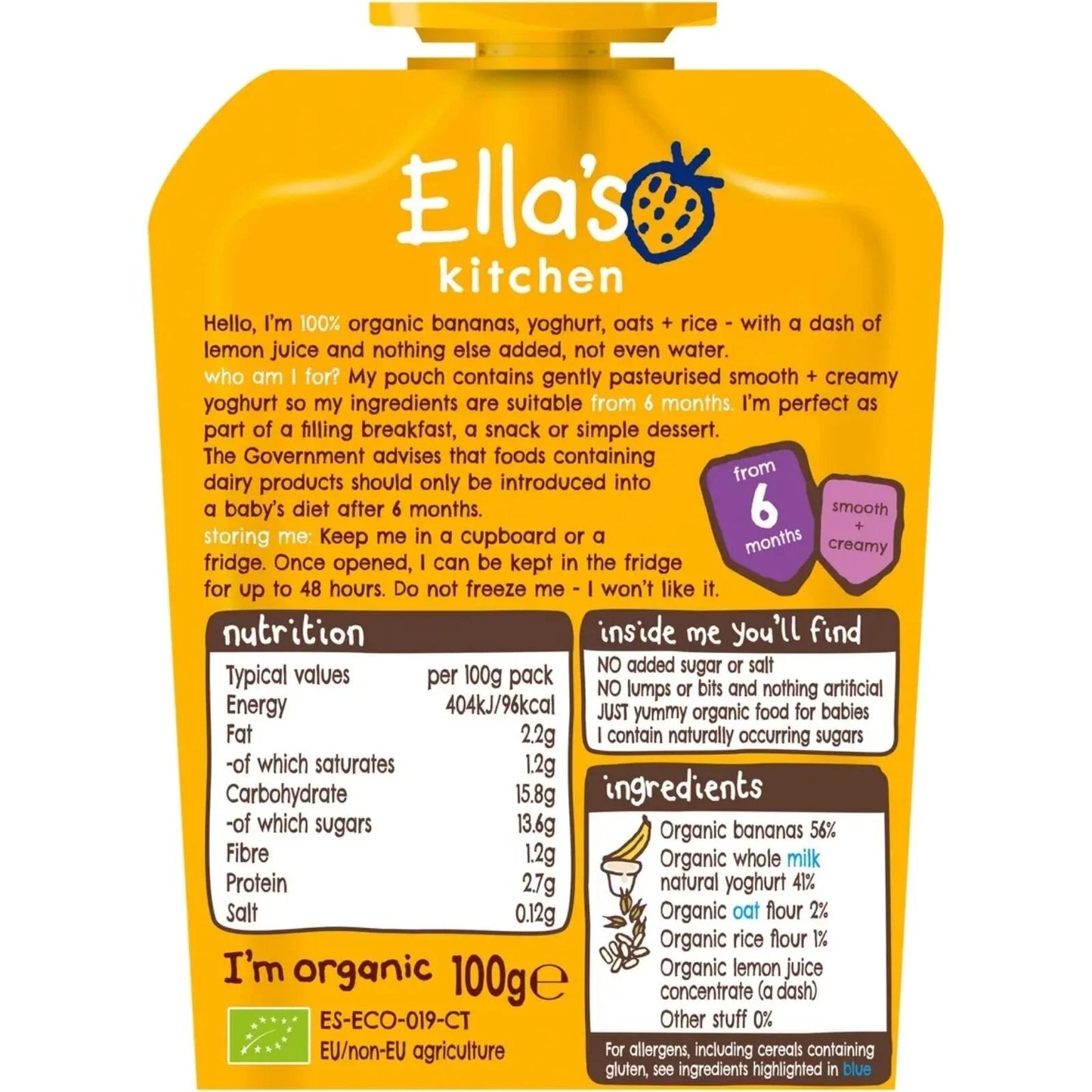 Ella's Kitchen Organic Banana Baby Brekkie Baby Food Breakfast Pouch 6+ months 100g