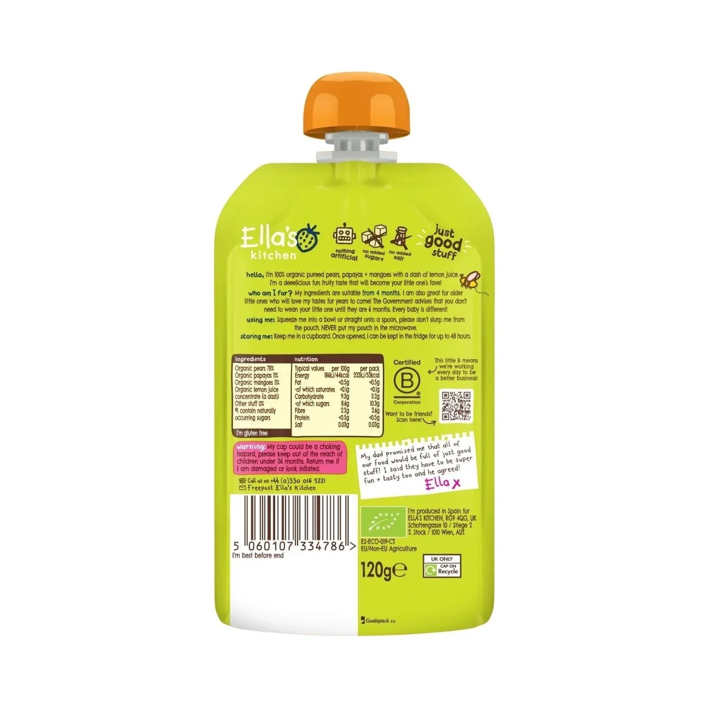 Ella's Kitchen Organic Mangoes Pears & Papaya Baby Food Pouch 4+ months 120g