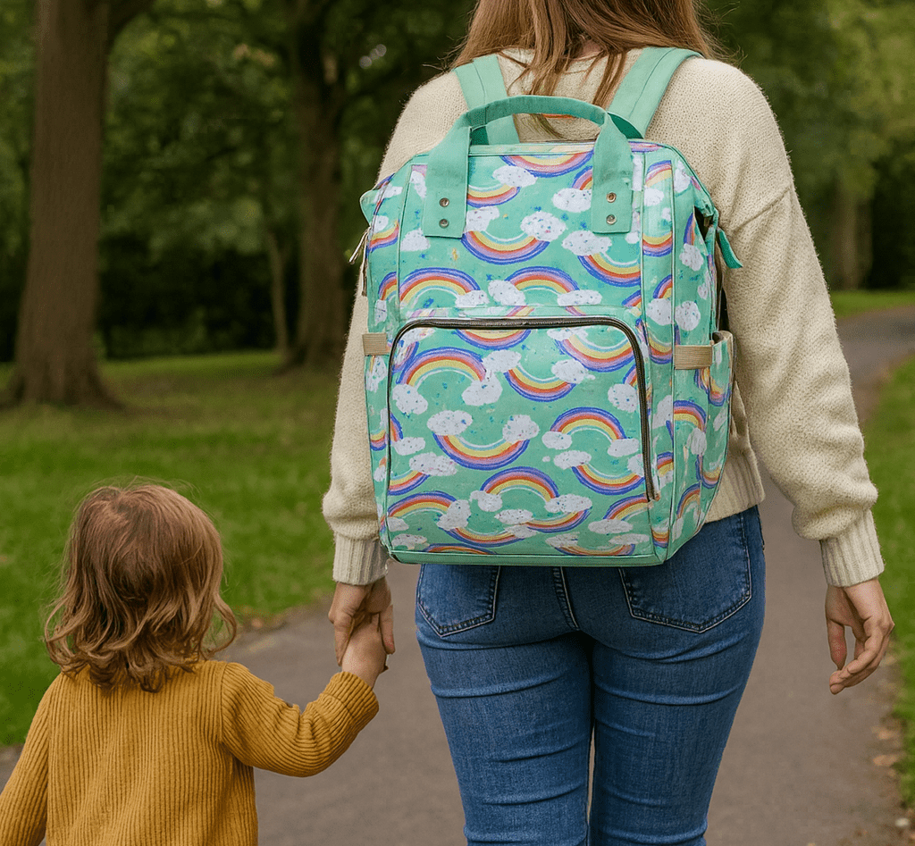 Green Baby Changing Nappy Bag - Happy Rainbow