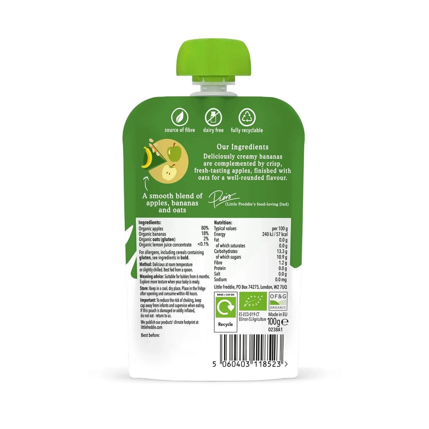 Little Freddie Organic Apples Bananas & Oats Baby Food Pouch 6+ months 100g