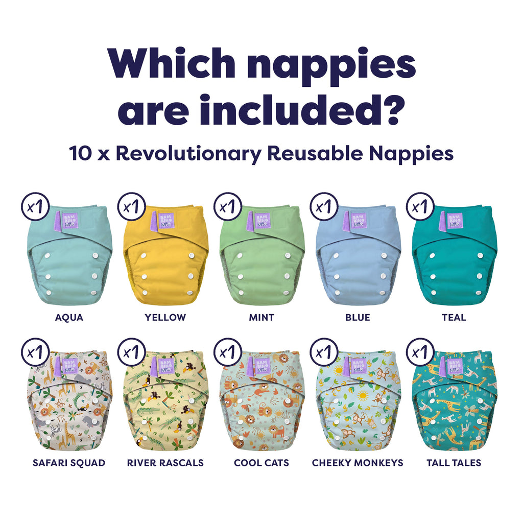 The Essentials Reusable Nappy Bundle in Wild Life + Pastels