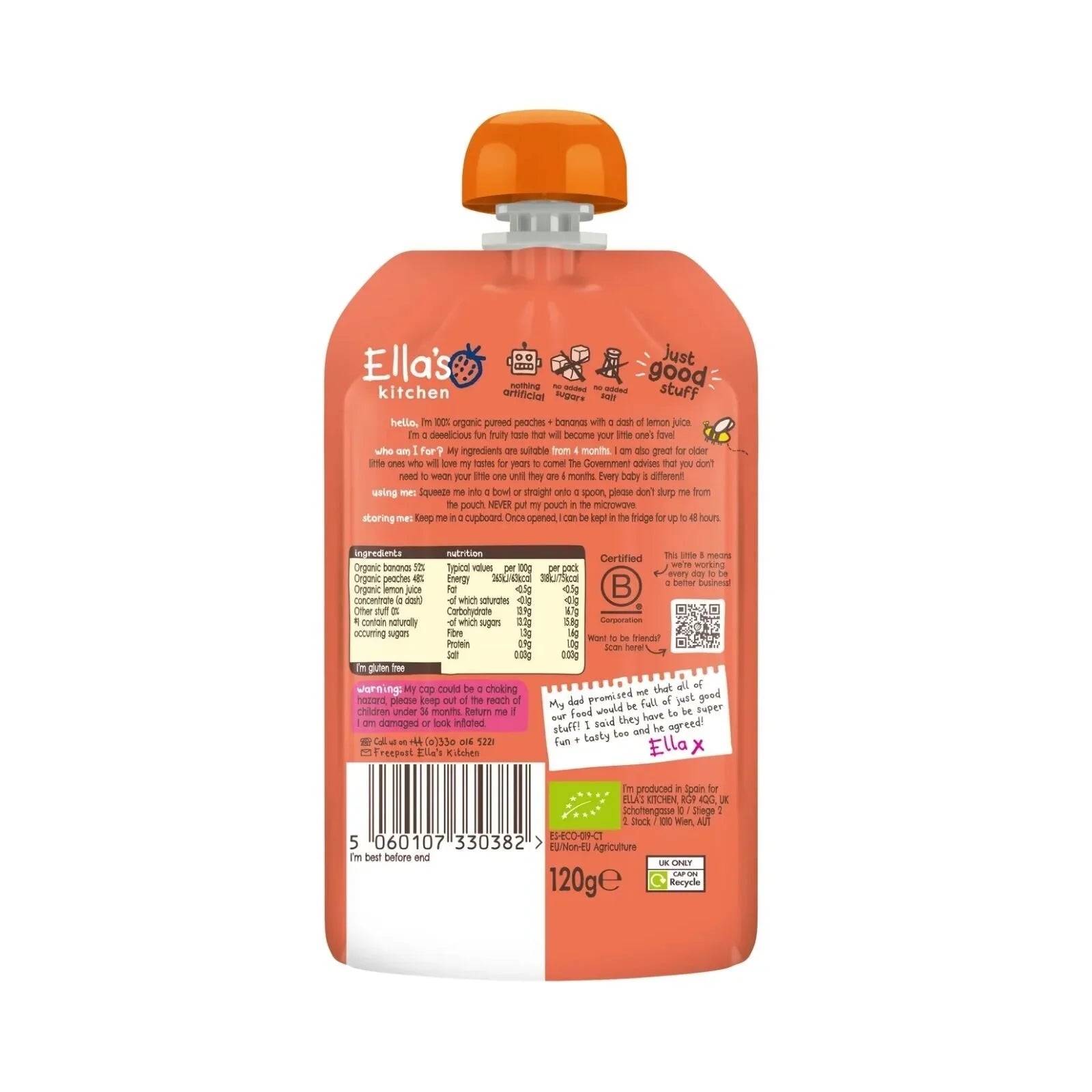 Ella's Kitchen Organic Peaches & Bananas Baby Food Pouch 4+ months 120g