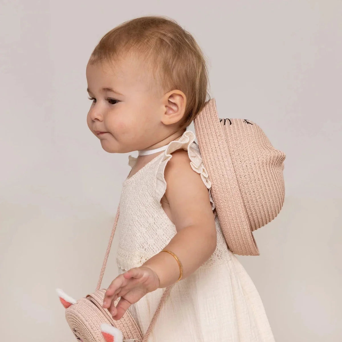 HelloBaby Cat Design Straw Baby Hat (12 Months to 1-4 Years) - Powder