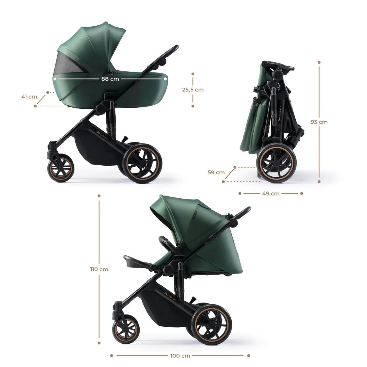 Kinderkraft 3-in-1 Mink Pro Prime 2 Travel System with Car Seat - Dark Green
