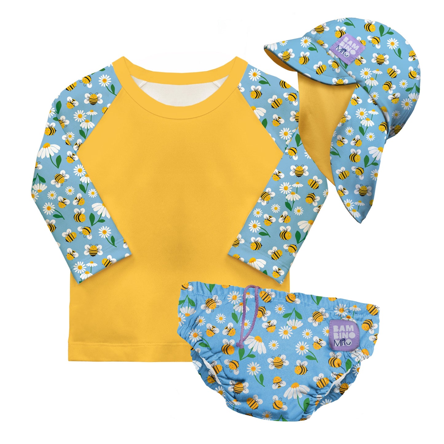 3 Piece Baby Swim Set with Swim Nappy, Swim top and Swim Hat in Busy Bees