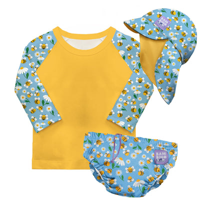 3 Piece Baby Swim Set with Swim Nappy, Swim top and Swim Hat in Busy Bees