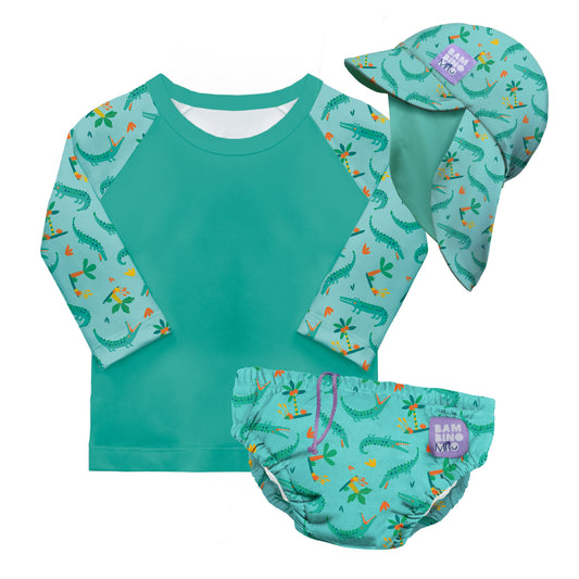 3 Piece Baby Swim Set with Swim Nappy, Swim top and Swim Hat in Crafty Croc