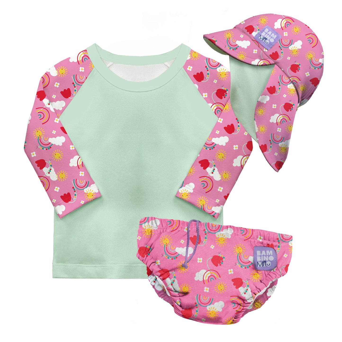 3 Piece Baby Swim Set with Swim Nappy, Swim top and Swim Hat in Happy Days