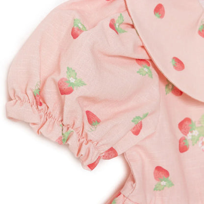 HelloBaby Girls Dress Cherry Print Buttoned Berry Belle Peter Pan Collar Short Sleeve - Pink Printed