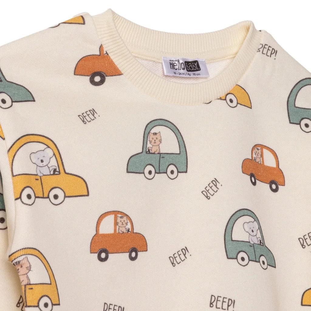 HelloBaby Boys Sweatshirt Car Print Little Car Crew Neck Long Sleeve - Ecru Printed