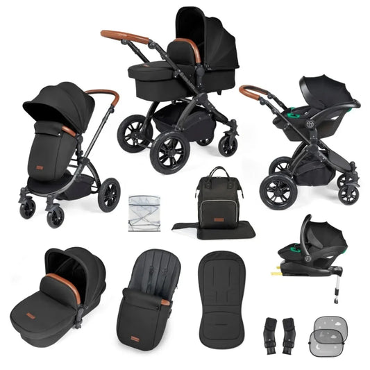 Ickle Bubba Stomp Luxe Travel System with i-Size Stratus Car Seat & ISOFIX Base 12 pcs - Black & Midnight & Tan