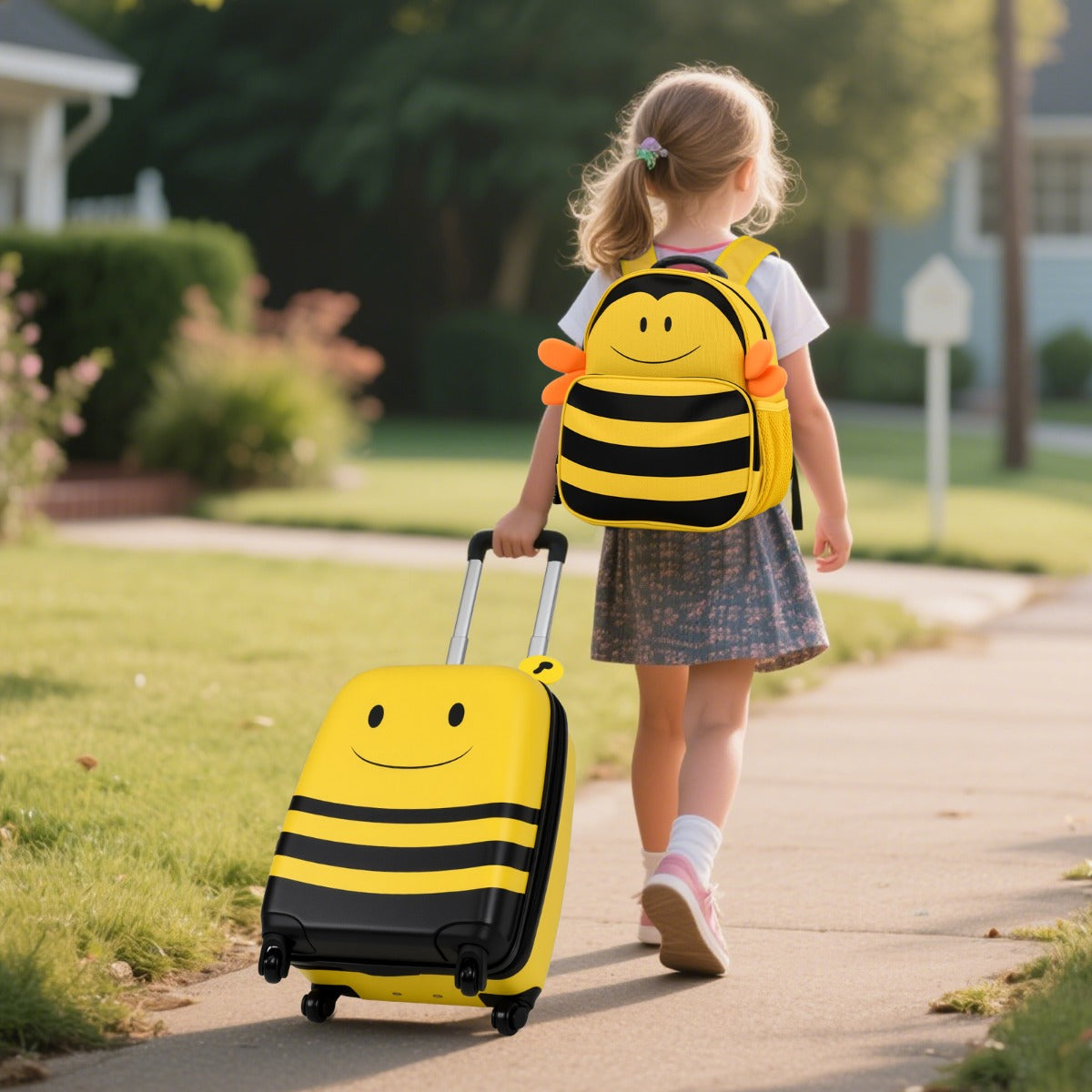 2-Piece Kid’s Luggage Set with Cute Bee Backpack and 18” Rolling Suitcase-Yellow