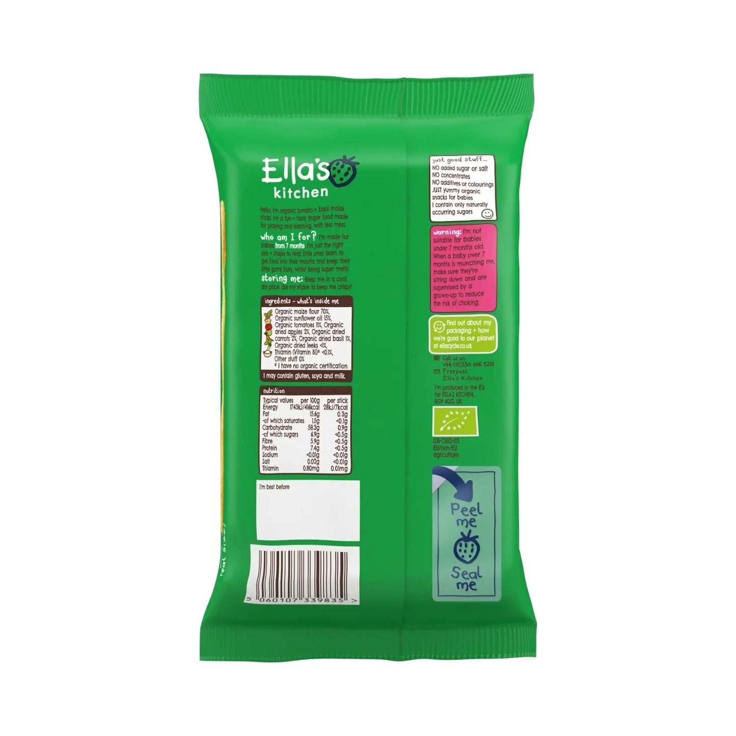 Ella's Kitchen Organic Tomato & Basil Melty Sticks Baby Snack 7+ months 16g