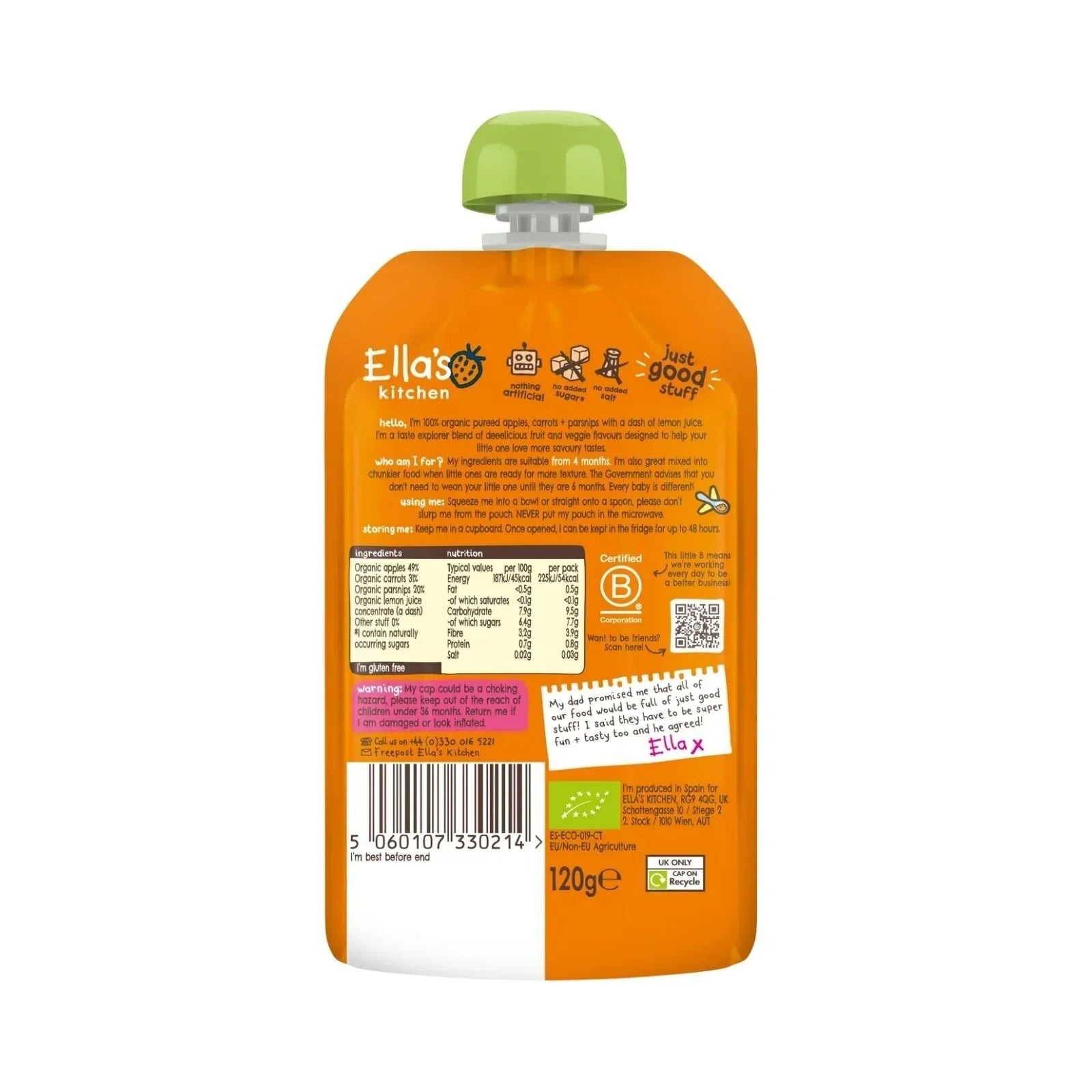Ella's Kitchen Organic Carrots Apples & Parsnips Baby Food Pouch 4+ months 120g