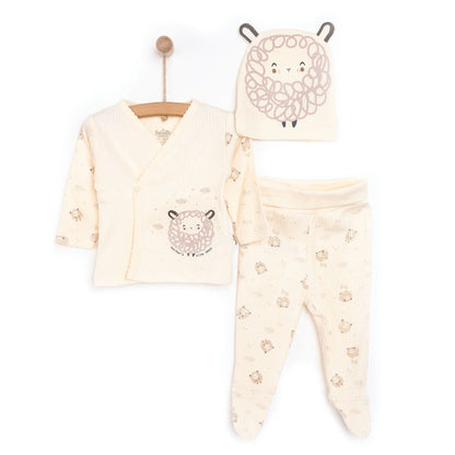 Bebetto Newborn Baby Girl Top-Footed Jumpsuit- Hat - Ecru