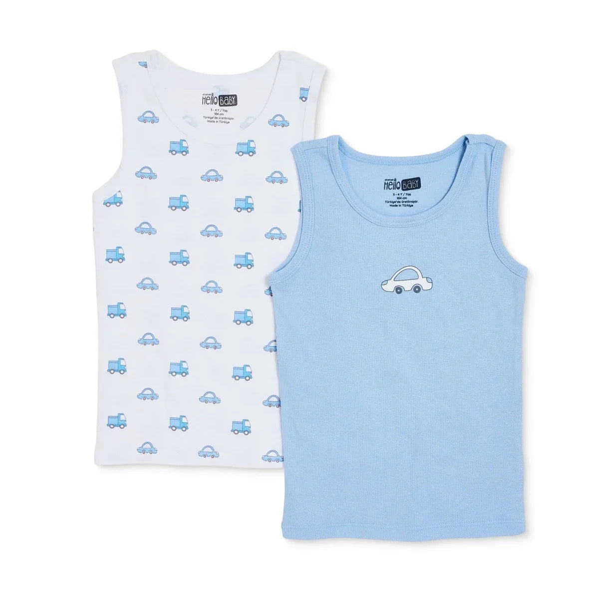 HelloBaby 2 Pack Car Print Ribbed Baby Vests (12 Months to 4-5 Years)