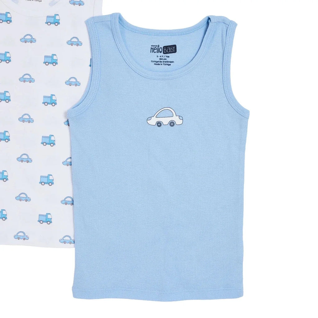 HelloBaby 2 Pack Car Print Ribbed Baby Vests (12 Months to 4-5 Years)