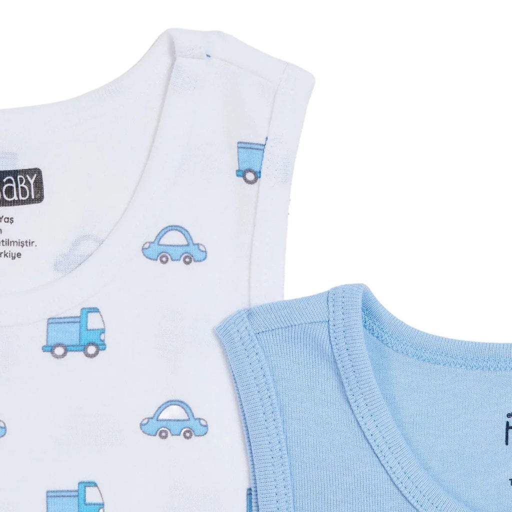 HelloBaby 2 Pack Car Print Ribbed Baby Vests (12 Months to 4-5 Years)