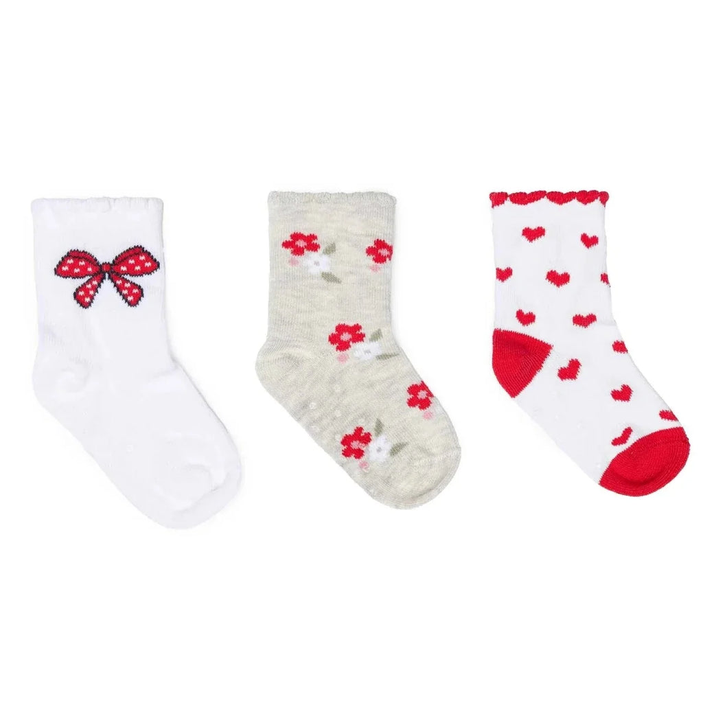 HelloBaby 3 Pack Heart & Floral Print Non-Slip Baby Socks (Newborn to 2-3 Years) - Red