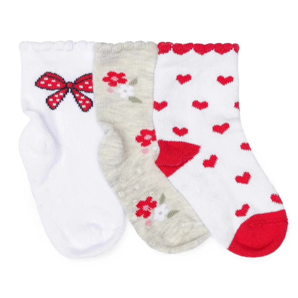HelloBaby 3 Pack Heart & Floral Print Non-Slip Baby Socks (Newborn to 2-3 Years) - Red