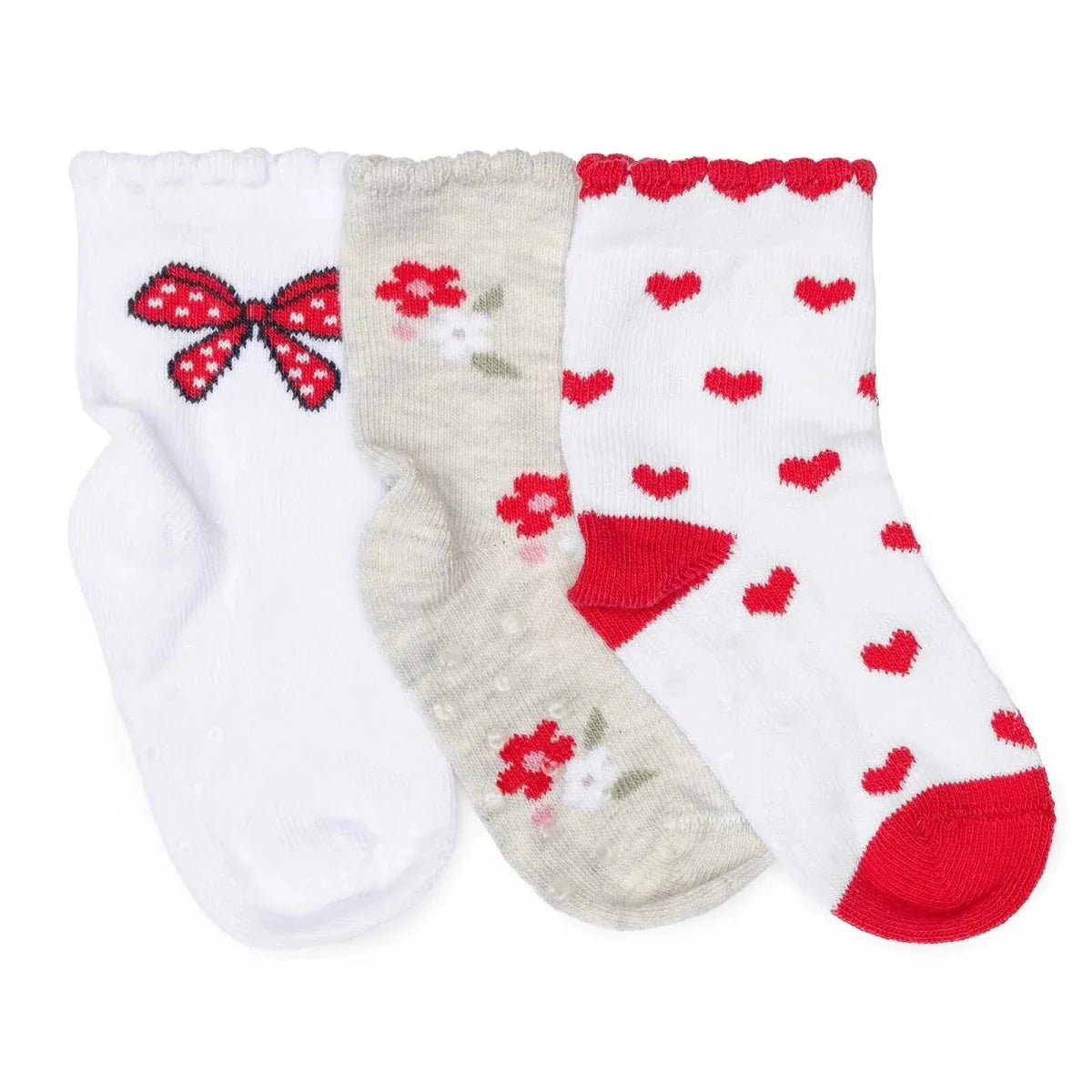 HelloBaby 3 Pack Heart & Floral Print Non-Slip Baby Socks (Newborn to 2-3 Years) - Red