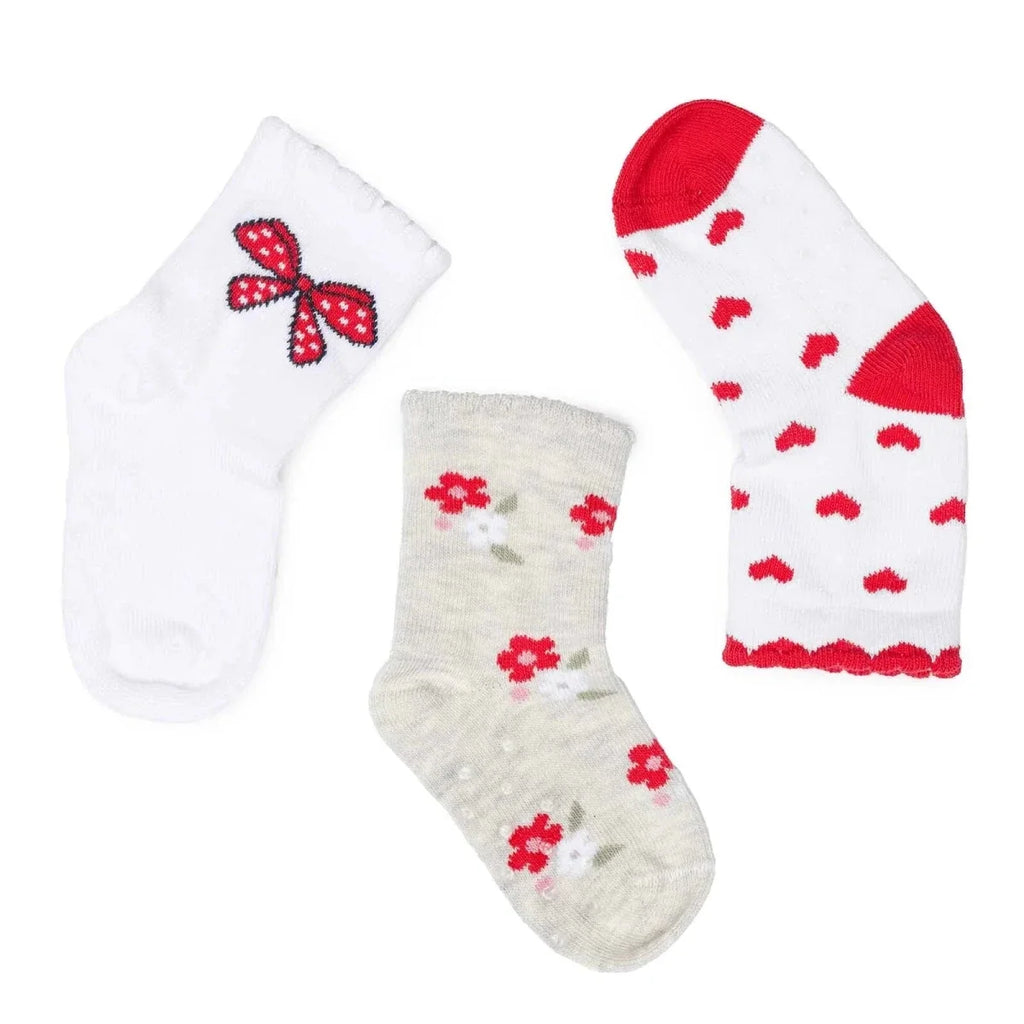HelloBaby 3 Pack Heart & Floral Print Non-Slip Baby Socks (Newborn to 2-3 Years) - Red