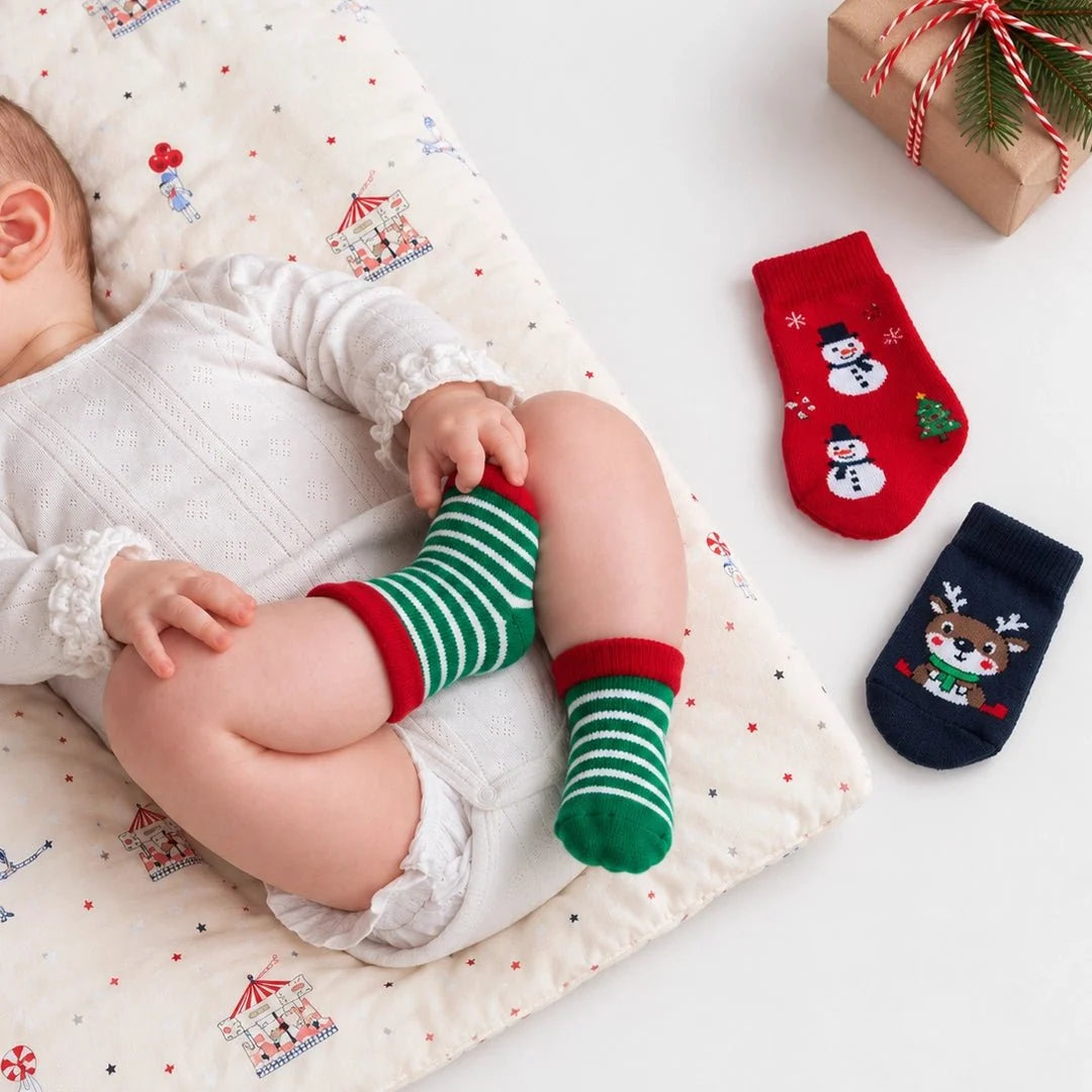 HelloBaby 3 Pack Reindeer Print Towelling Baby Socks (Newborn to 2-3 Years) - Red