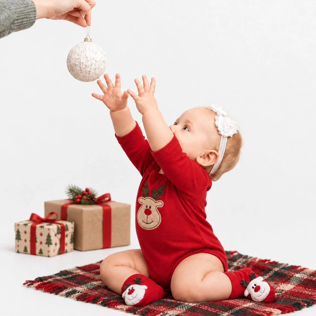 HelloBaby Reindeer Long Sleeve Velour Baby Bodysuit (1-3 Months to 2-3 Years) - Red