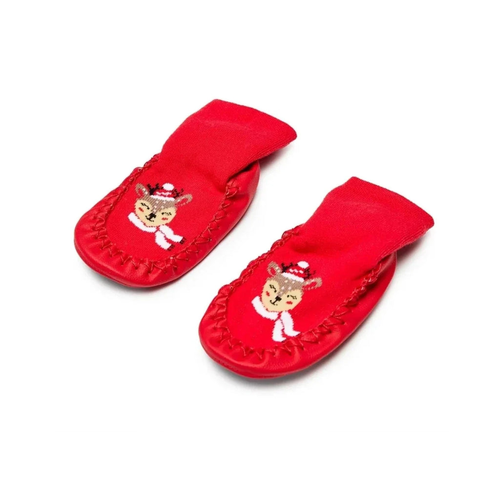 HelloBaby Reindeer Print Slipper Baby Socks (UK 6.5-7) - Red
