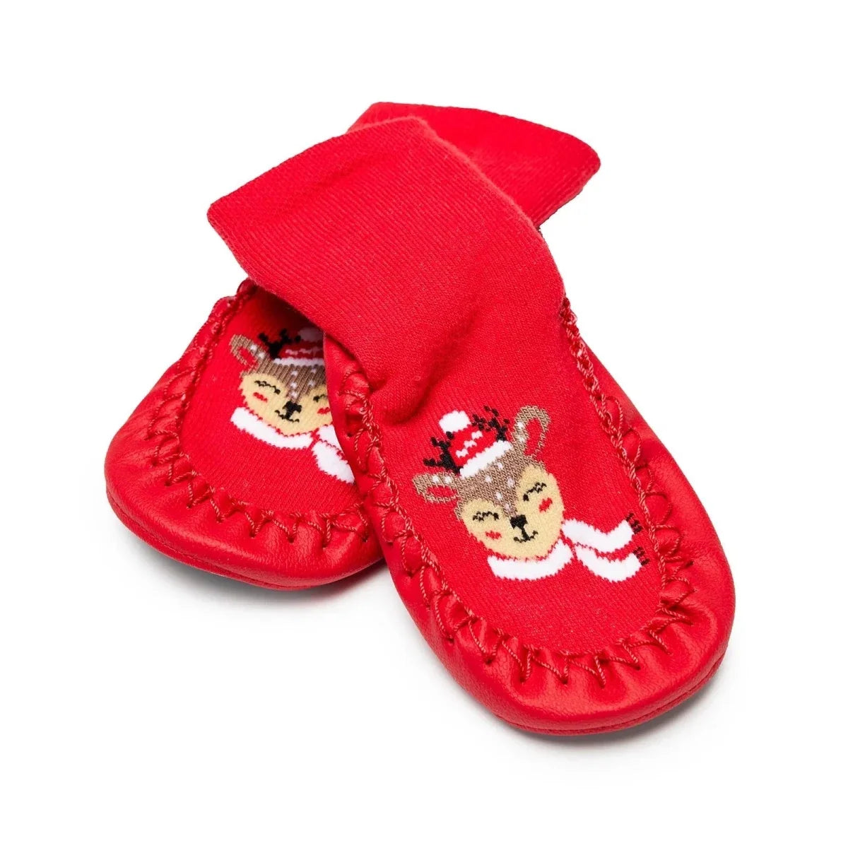 HelloBaby Reindeer Print Slipper Baby Socks (UK 6.5-7) - Red