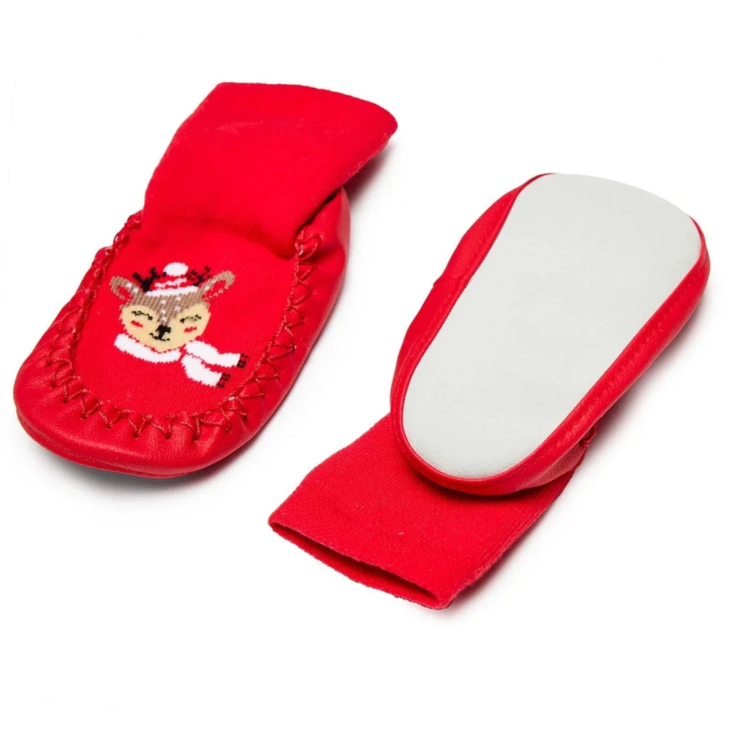 HelloBaby Reindeer Print Slipper Baby Socks (UK 6.5-7) - Red