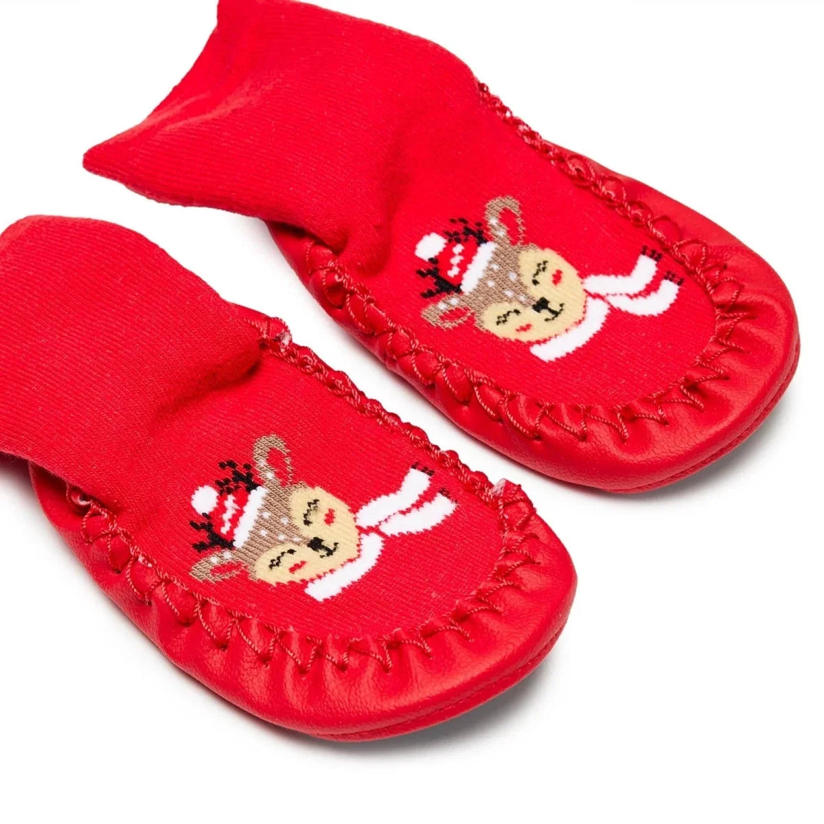 HelloBaby Reindeer Print Slipper Baby Socks (UK 6.5-7) - Red