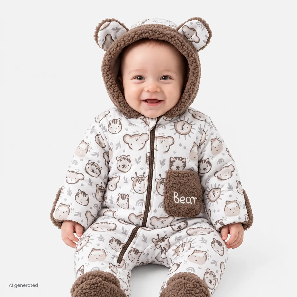 Midimod Animal Print Hooded Lined Fleece Baby Pramsuit (1-3 Months to 12 Months)