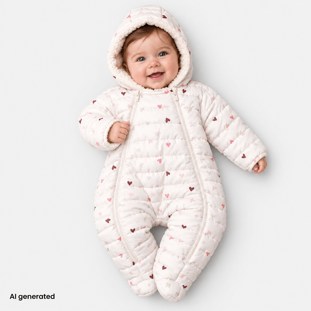 Verscon Hooded Heart Print Fleece Baby Pramsuit (9-12 Months to 18 Months-2 Years)