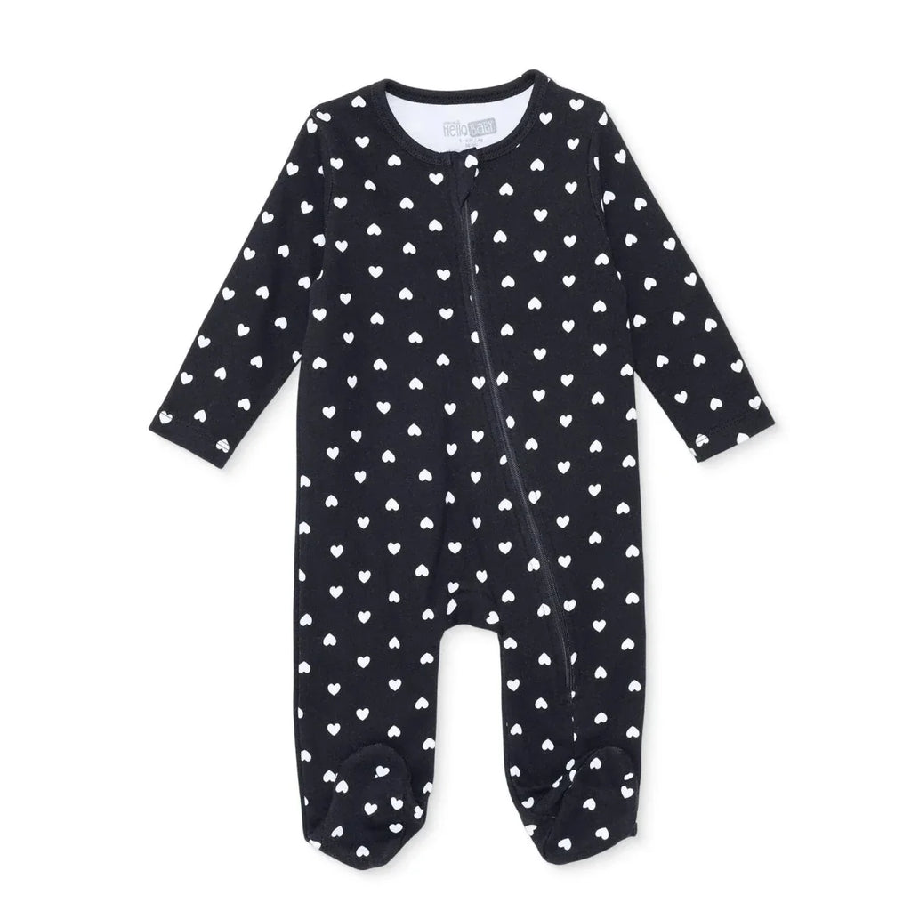 HelloBaby Girls Footed Sleepsuit Heart Print Zip Fastening Crew Neck Full Length Long Sleeve - Black