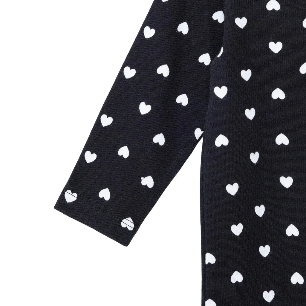 HelloBaby Girls Footed Sleepsuit Heart Print Zip Fastening Crew Neck Full Length Long Sleeve - Black