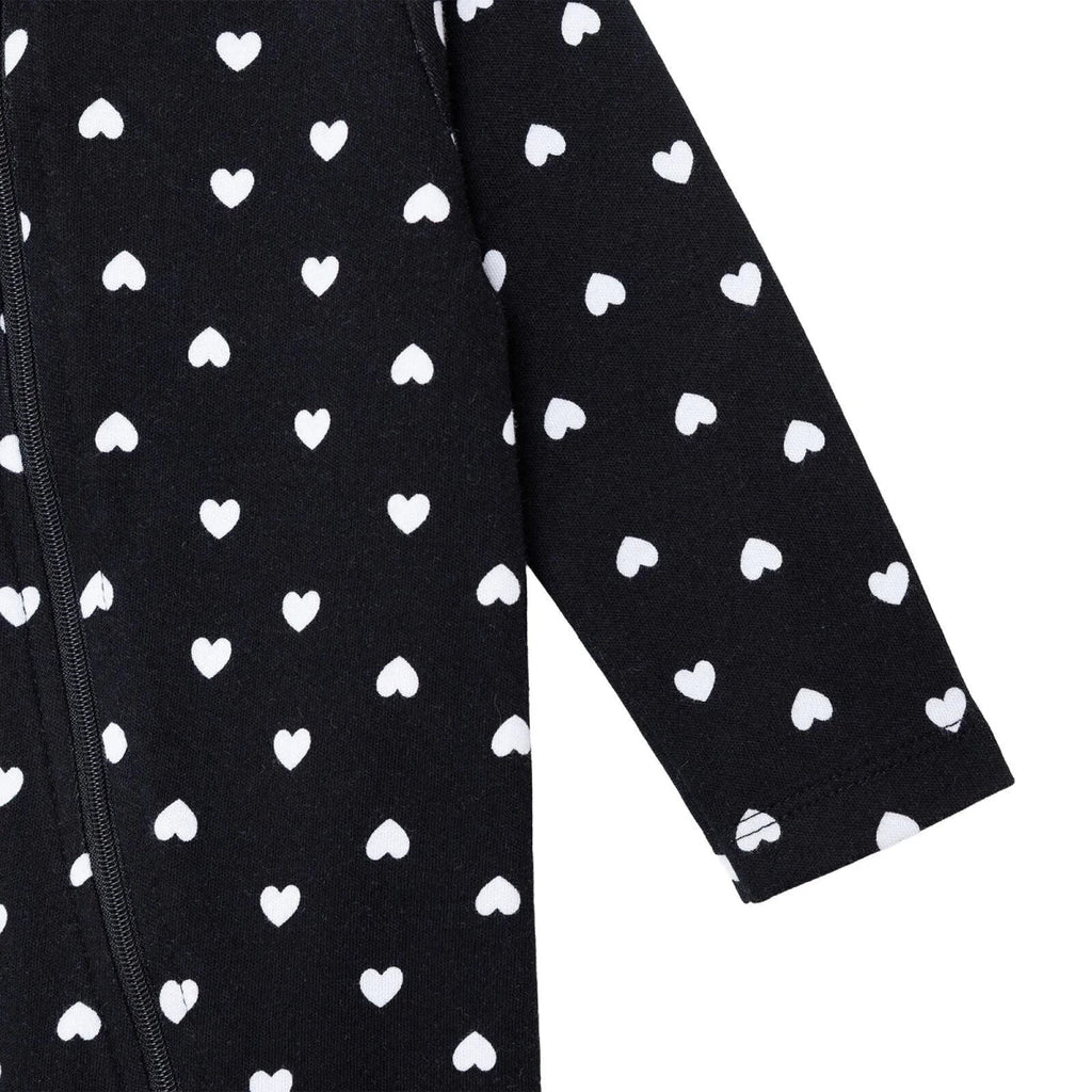HelloBaby Girls Footed Sleepsuit Heart Print Zip Fastening Crew Neck Full Length Long Sleeve - Black