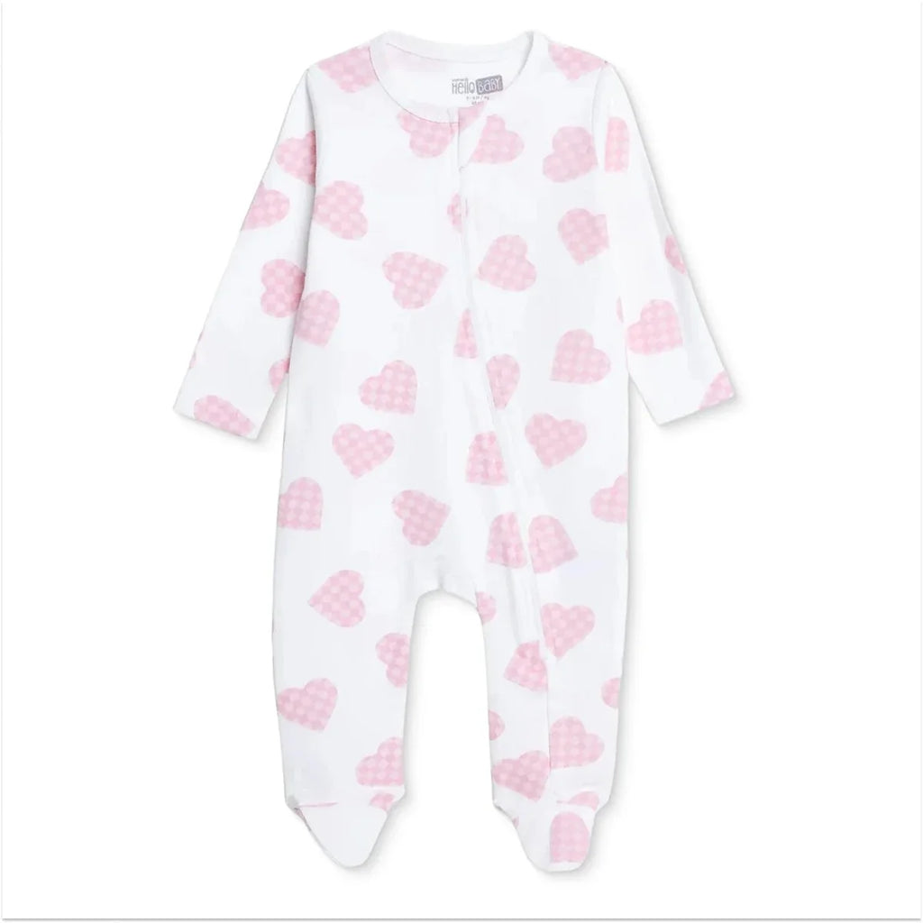 HelloBaby Girls Footed Sleepsuit Heart Print Zip Fastening Crew Neck Full Length Long Sleeve - Ecru Printed
