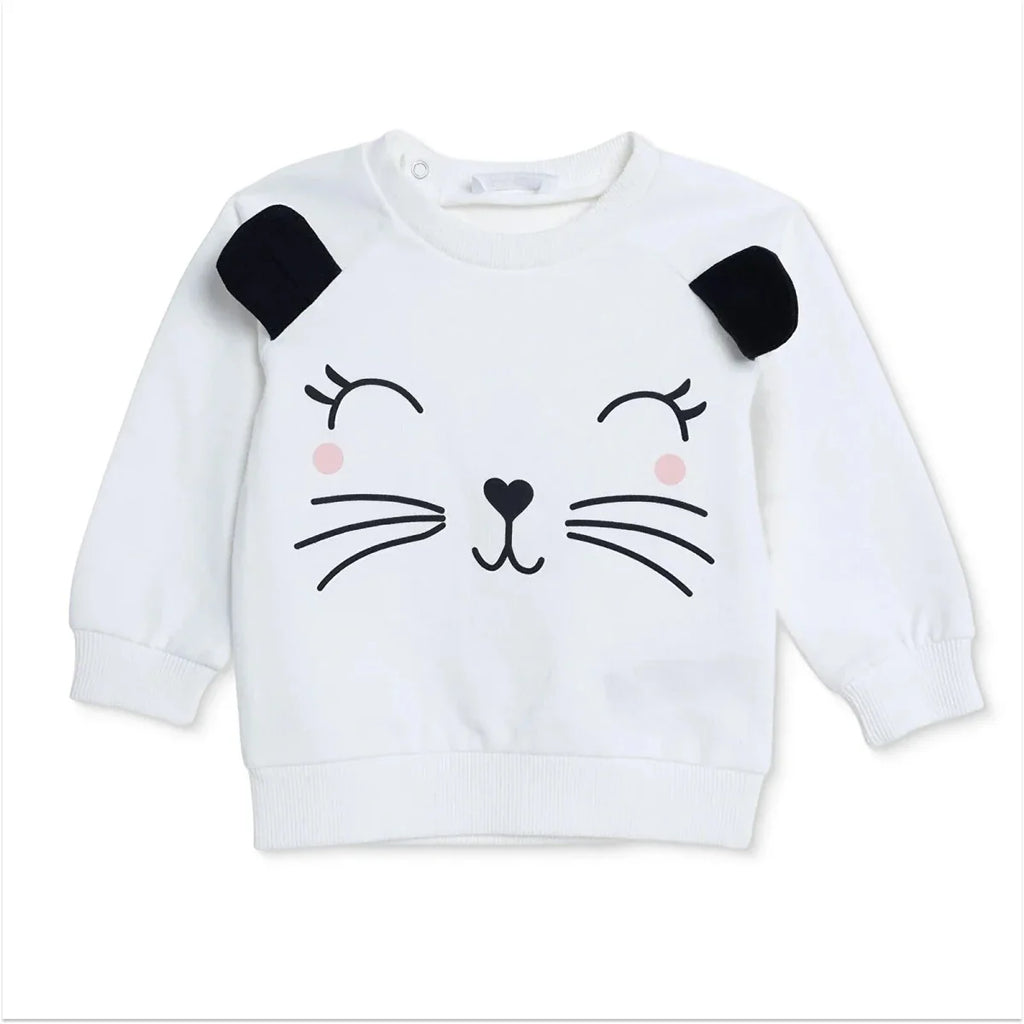 HelloBaby Girls Sweatshirt Animal Print Snap Fastening Crew Neck Long Sleeve - Ecru