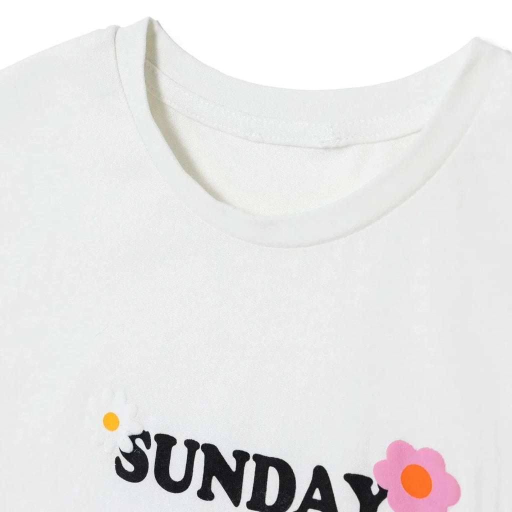 HelloBaby Girls T-Shirt & Trousers Set Text Print Flower Garden Crew Neck Full Length Short Sleeve - Ecru