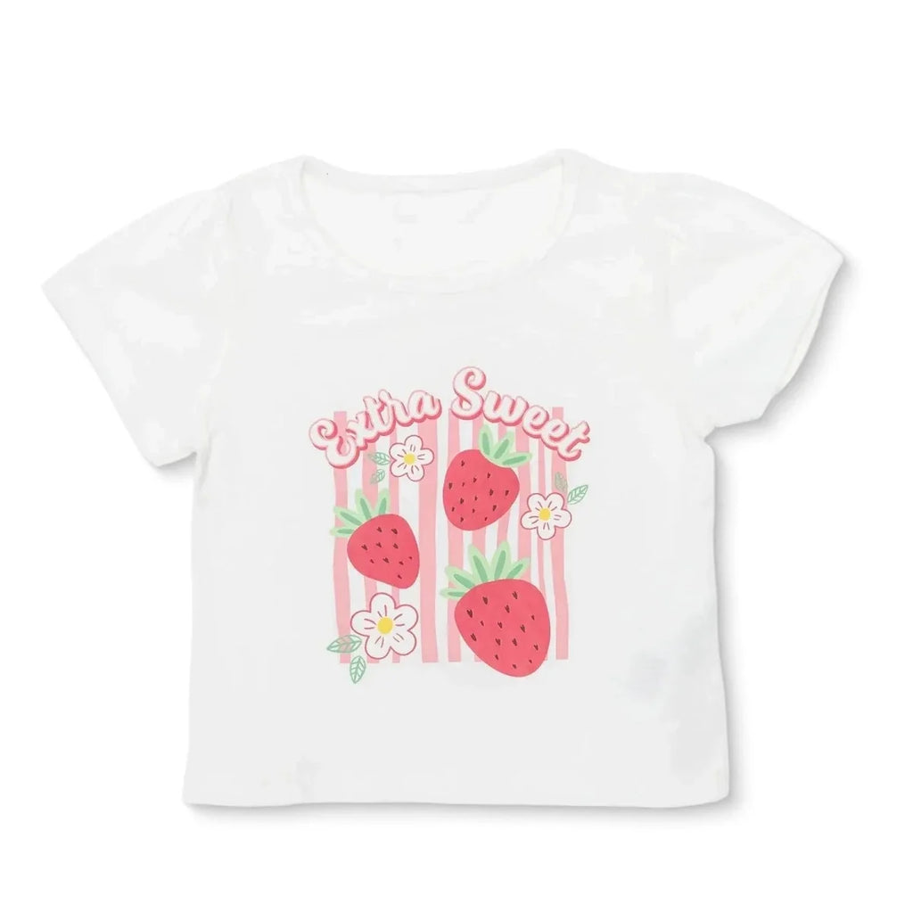 HelloBaby Girls T-shirt Strawberry Print Crew Neck Short Sleeve - Ecru