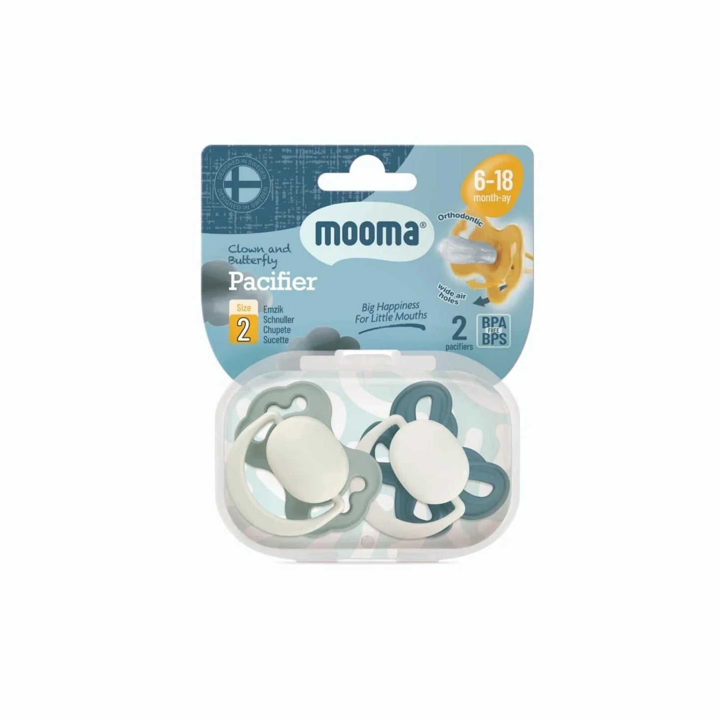 Mooma Clown & Butterfly Soothers 18+ months Pack of 2 - River Green & Ball Blue